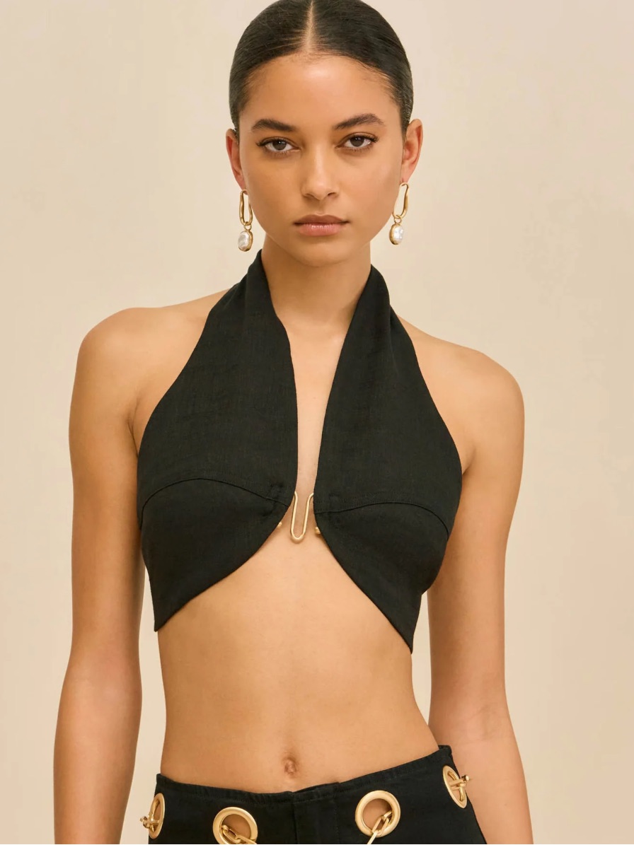 Cult Gaia “Diem” Black Linen Crop Halter Boho Sexy Top Xs